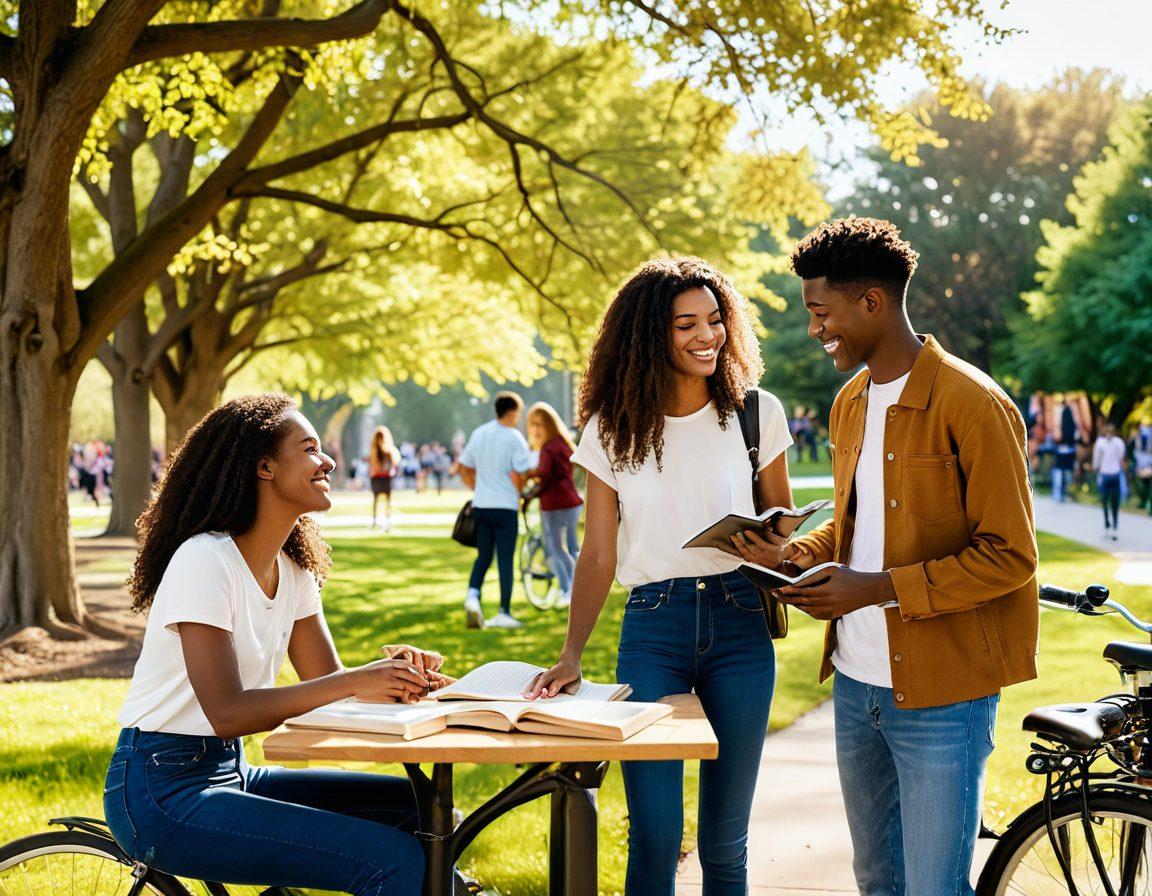 A lively university campus scene with diverse students interacting in a warm, sunny atmosphere. Show a couple holding hands, surrounded by friends laughing and sharing books, blending romance and friendship. Include elements like open books, bicycles, and flowering trees to evoke a sense of youthful exploration and connection. Use soft, warm colors to convey affection and joy. super-realistic. vibrant colors. 3D.