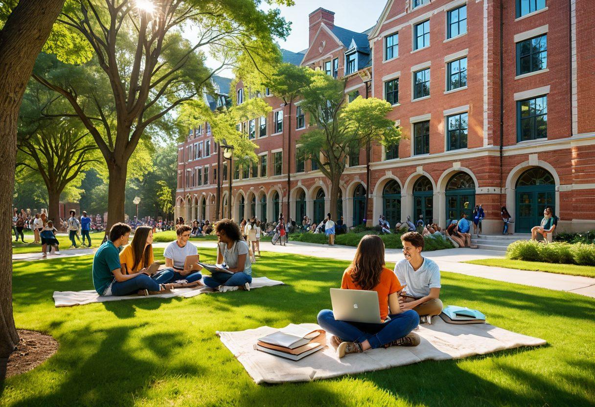 A vibrant college campus scene depicting diverse students engaging in conversation, with one pair sharing smiles, symbolizing potential connections. Include elements like books, laptops, and a picturesque background of trees and buildings, radiating a positive atmosphere of friendship and romance. The setting should feel warm and inviting, showcasing the essence of college life. super-realistic. vibrant colors. soft focus.